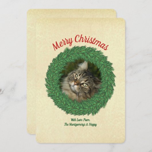 メリークリスマス猫のリースペット写真 シーズンカード (正面/裏面)