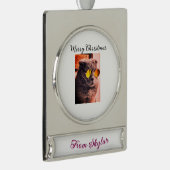 メリークリスマス猫の犬のペット動物の愛写真 シルバープレートバナーオーナメント (右)