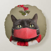 メリークリスマス猫の顔マスクの下 ラウンドクッション (正面)
