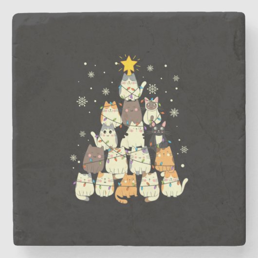 メリークリスマス猫クリスマスツリー ストーンコースター (正面)