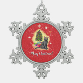 メリークリスマス猫 スノーフレークピューターオーナメント