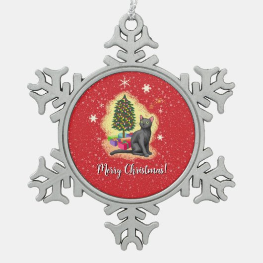 メリークリスマス猫 スノーフレークピューターオーナメント (正面)
