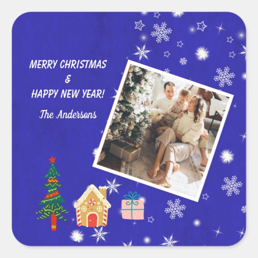 メリークリスマス王室のブルー家族写真 スクエアシール (正面)