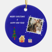 メリークリスマス王室のブルー家族写真 セラミックオーナメント (正面)