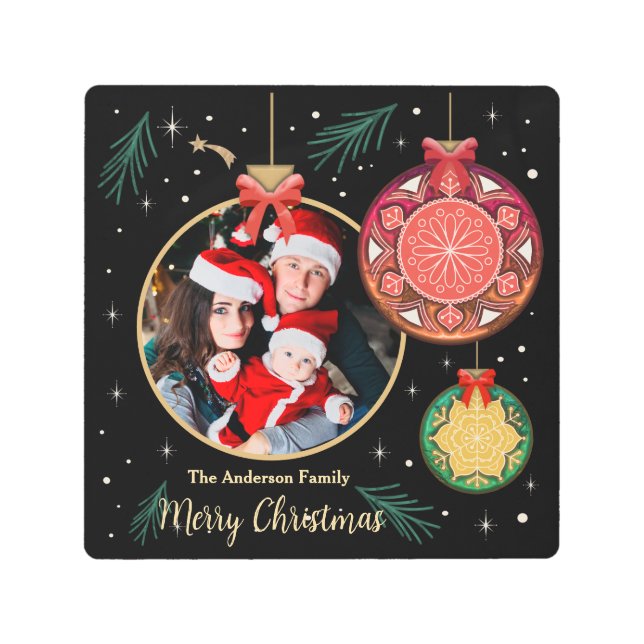 メリークリスマス球根の家族の写真パーソナライズ メタルプリント (正面)