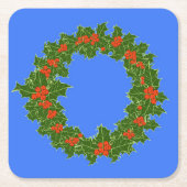 メリークリスマス用レッドベリー&ホリーリース スクエアペーパーコースター (正面)