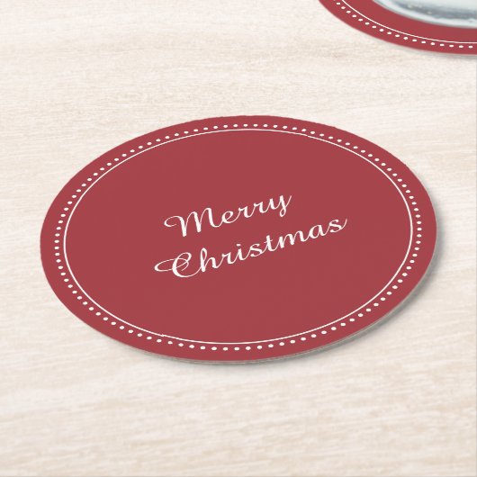 メリークリスマス白エレガントと赤のミルグレイン ラウンドペーパーコースター (アングル)
