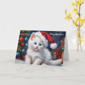 メリークリスマス白猫とクリスマスツリー カード (黄色い花)