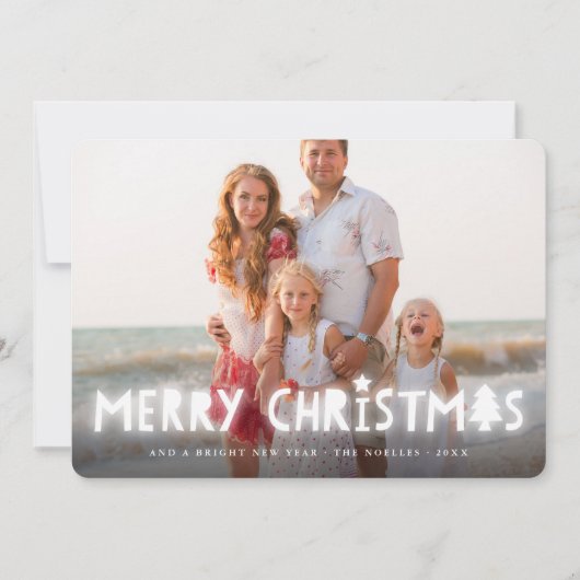 メリークリスマス白白熱［赤熱］光を放つ光の魔法の写真 シーズンカード (正面)