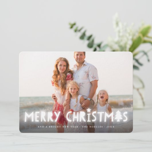 メリークリスマス白白熱［赤熱］光を放つ光の魔法の写真 シーズンカード (スタンド正面)