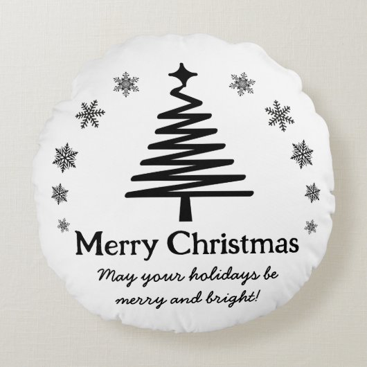 メリークリスマス白黒のクリスマスツリー雪 ラウンドクッション (正面)