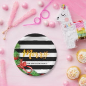 メリークリスマス白黒ストライプレッドデコールパイン ペーパープレート (パーティー)