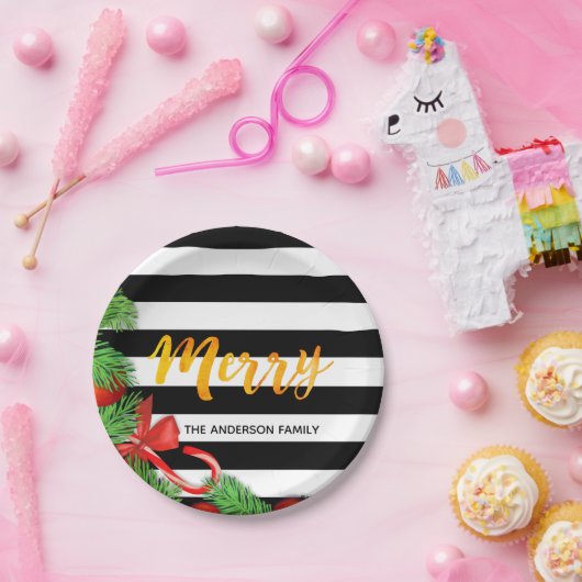 メリークリスマス白黒ストライプレッドデコールパイン ペーパープレート (パーティー)