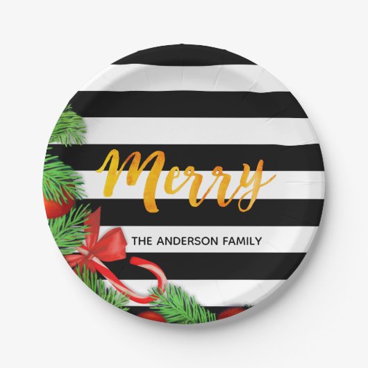 メリークリスマス白黒ストライプレッドデコールパイン ペーパープレート (正面)