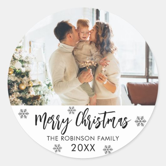 メリークリスマス白黒スノーフレーク家族写真 ラウンドシール (正面)
