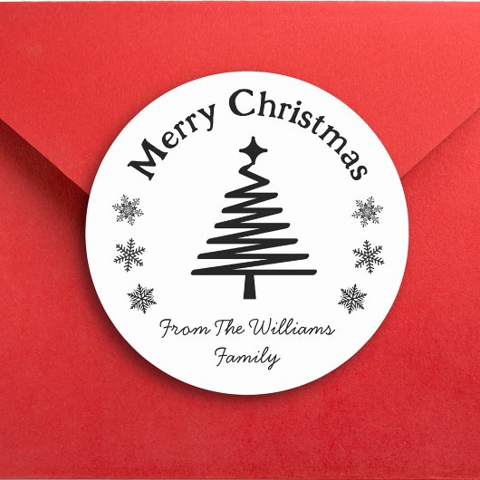メリークリスマス白黒ツリー&スノーフレーク ラウンドシール
