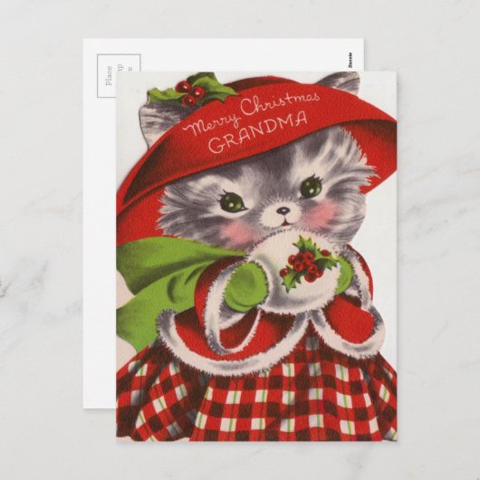 メリークリスマス祖母ヴィンテージ子猫 シーズンポストカード (正面/裏面)