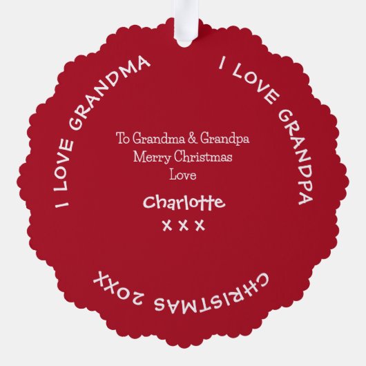 メリークリスマス祖父母の名前とベビー写真 オーナメントカード (裏面)