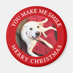 メリークリスマス笑顔の犬の写真おもしろい赤丸 マグネット