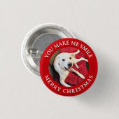メリークリスマス笑顔の犬の写真おもしろい赤丸 缶バッジ (正面&裏面)