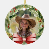 メリークリスマス素晴らしおばあちゃんホリーリース写真 セラミックオーナメント (正面)