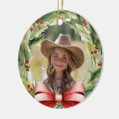 メリークリスマス素晴らしおばあちゃんホリーリース写真 セラミックオーナメント (左)