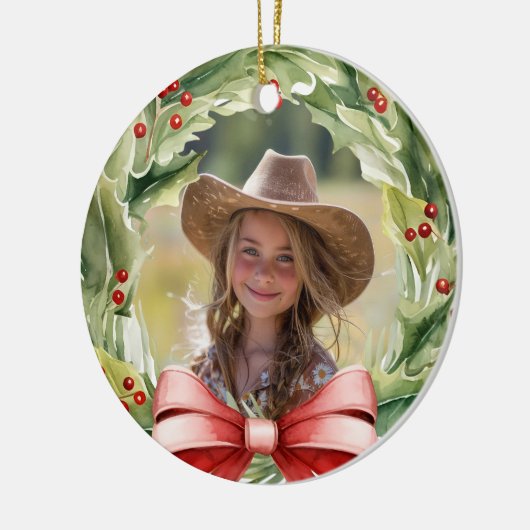メリークリスマス素晴らしおばあちゃんホリーリース写真 セラミックオーナメント (左)