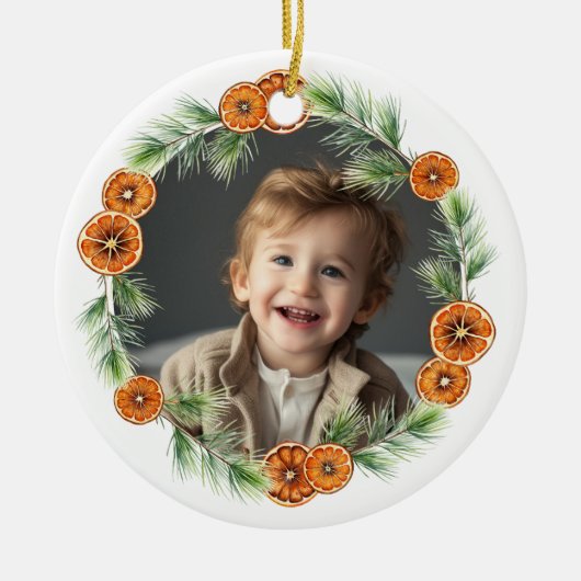 メリークリスマス素晴らしおばあちゃん柑橘系リース写真 セラミックオーナメント (正面)