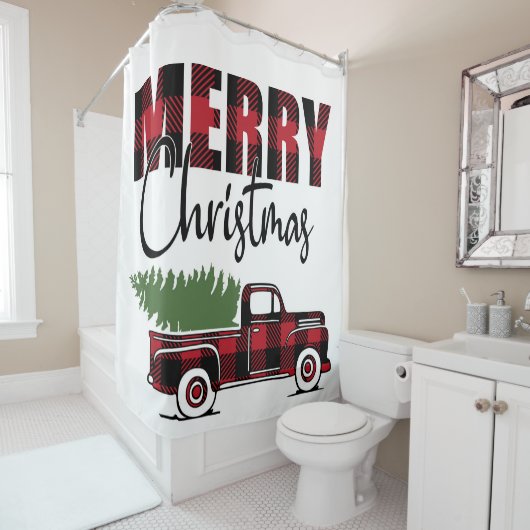 メリークリスマス素朴のプレイドトラック シャワーカーテン (インサイチュ)