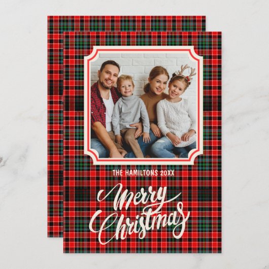 メリークリスマス素朴のプレイド家族写真 シーズンカード (正面/裏面)