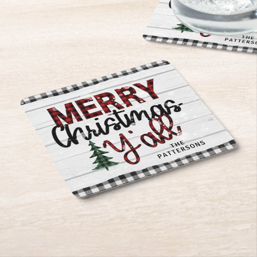 メリークリスマス素朴の木々の名前 スクエアペーパーコースター (アングル)