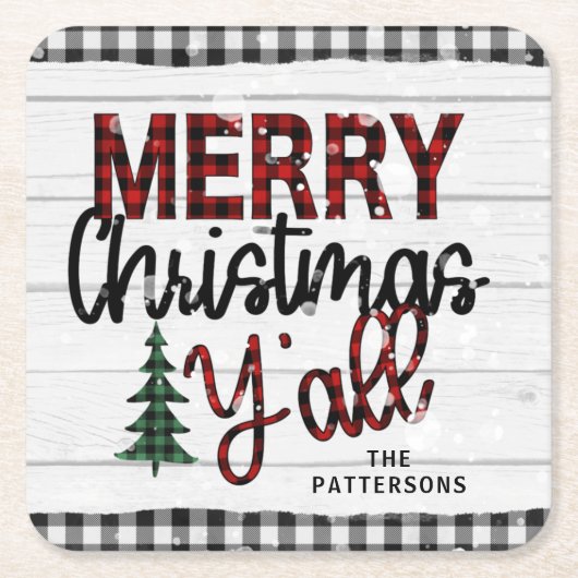 メリークリスマス素朴の木々の名前 スクエアペーパーコースター (正面)