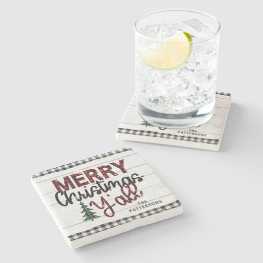 メリークリスマス素朴の木々の名前 ストーンコースター (横)