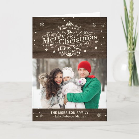メリークリスマス素朴ウッドタイポグラフィ写真 シーズンカード (正面)