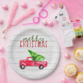 メリークリスマス素朴ウッドレッドトラックヴィンテージかわいい ペーパープレート (パーティー)