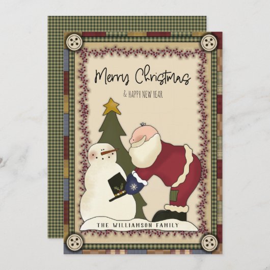 メリークリスマス素朴カントリーサンタ&雪だるま シーズンカード (正面/裏面)