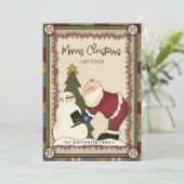 メリークリスマス素朴カントリーサンタ&雪だるま シーズンカード (スタンド正面)