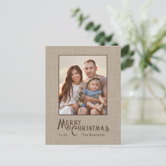 メリークリスマス素朴バーラッププリントフォトホリデー シーズンポストカード (スタンド正面)