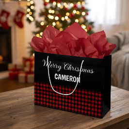 メリークリスマス素朴レッド&ブラックバッファロープレイド ラージペーパーバッグ