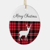メリークリスマス素朴赤い格子模様の白い牡鹿 セラミックオーナメント (右)