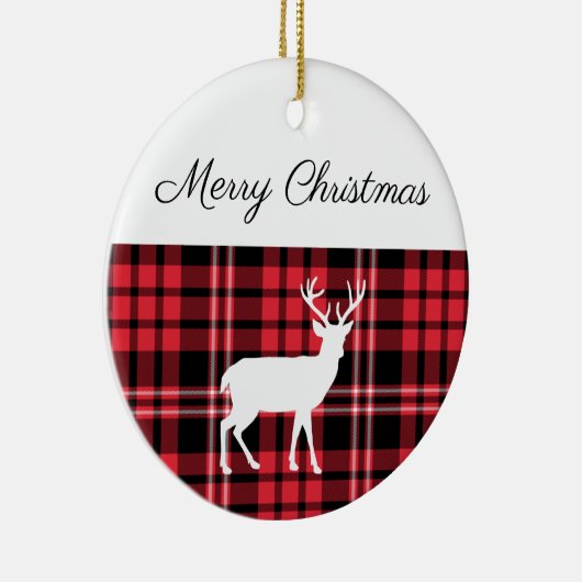 メリークリスマス素朴赤い格子模様の白い牡鹿 セラミックオーナメント (右)