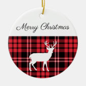 メリークリスマス素朴赤い格子模様の白い牡鹿 セラミックオーナメント (正面)