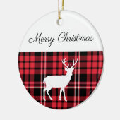 メリークリスマス素朴赤い格子模様の白い牡鹿 セラミックオーナメント (左)
