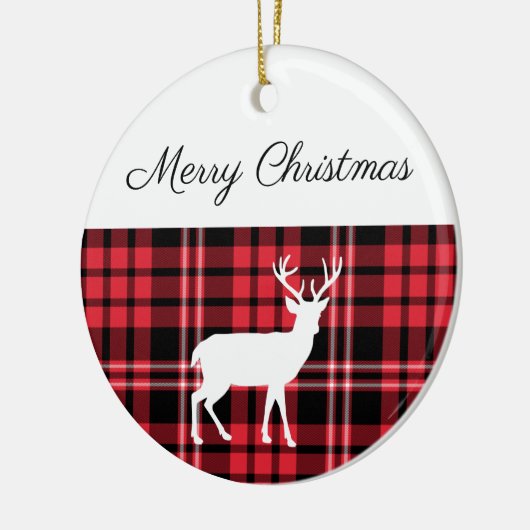 メリークリスマス素朴赤い格子模様の白い牡鹿 セラミックオーナメント (左)