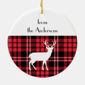 メリークリスマス素朴赤い格子模様の白い牡鹿 セラミックオーナメント (裏面)