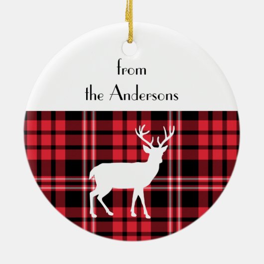 メリークリスマス素朴赤い格子模様の白い牡鹿 セラミックオーナメント (裏面)