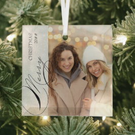 メリークリスマス縦型フォトスノーフレーク ガラスオーナメント