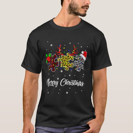 メリークリスマス自閉症パズルレオパードとサンタH Tシャツ (正面)