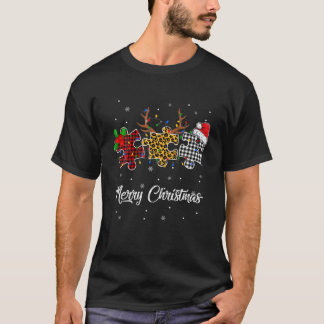 メリークリスマス自閉症パズルレオパードサンタハット Tシャツ