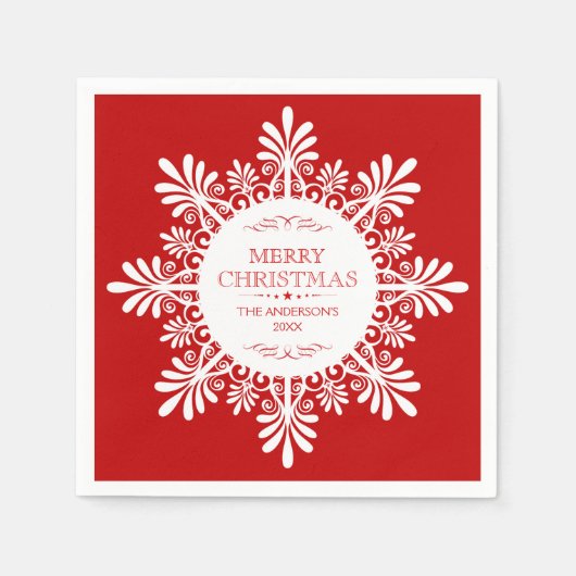 メリークリスマス華美ホワイトスノーフレーク スタンダードカクテルナプキン (正面)